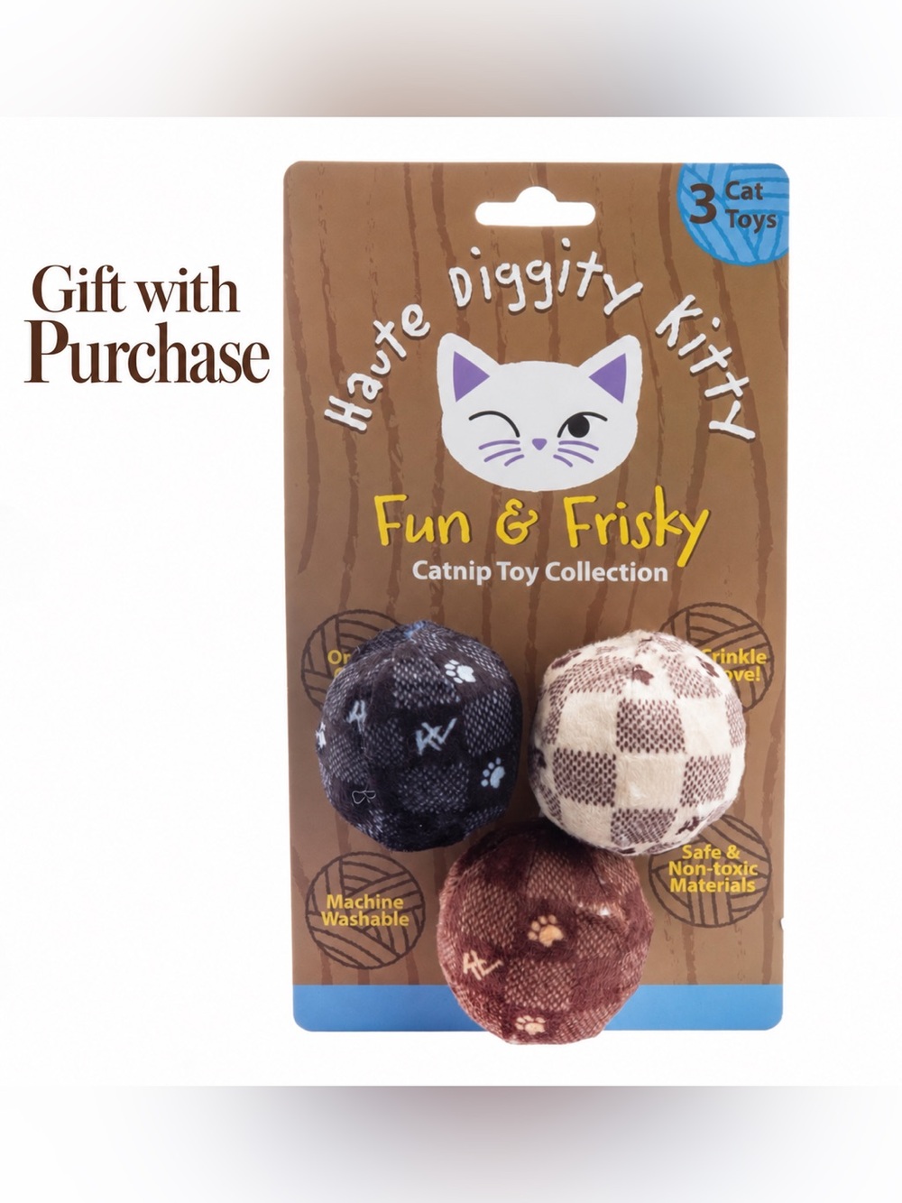 NWT Haute Diggity Kitty Kitty Vuiton Checker Catnip Balls Set of 3